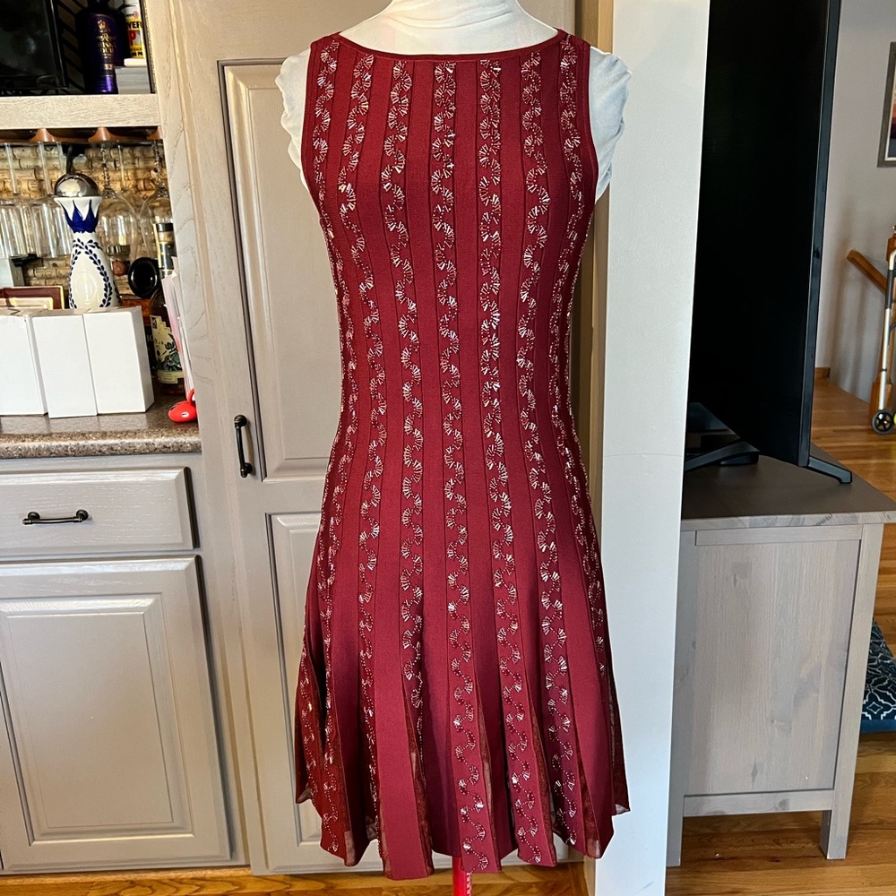Zac Posen Maroon Fit and Flare Knit Beaded Cocktail Dress with Mesh Inset Pleats